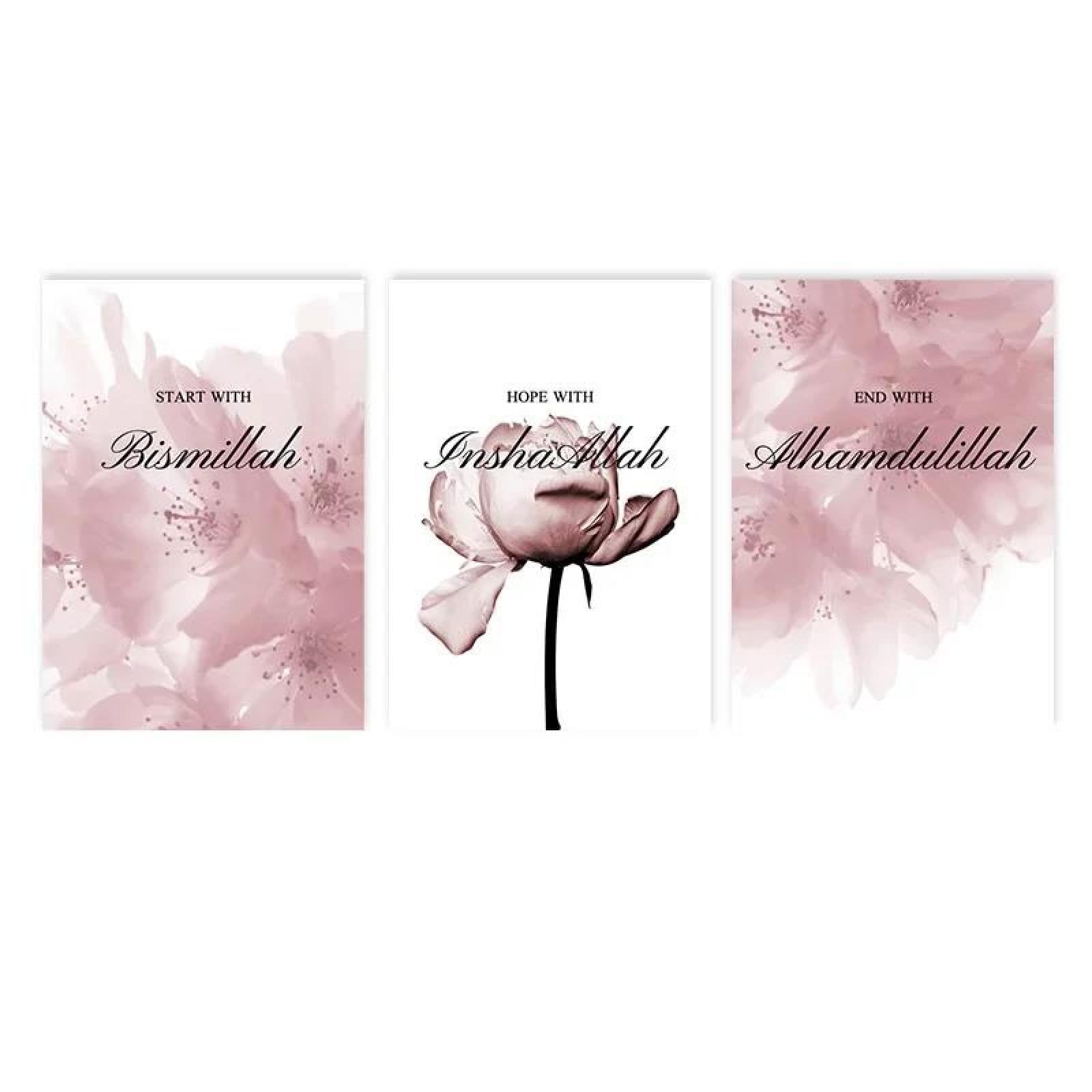 Baibexing Bismillah Islamic Canvas Print Flower Muslim Quotes Poster Arabic Calligraphy Painting Wall Art Pictures Living Room Home Decor 30X40Cmx3Pcs Unframed