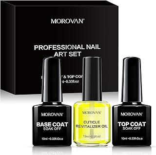 Morovan Base Gel Top Coat - 3Pcs Top Coat Gel Nail Polish with Cuticle Oil for Nails Gloss Base Coat Nail Polish and Nail Oil Cuticle Professional Gel Base and Top Coat Set for Beginners Home DIY