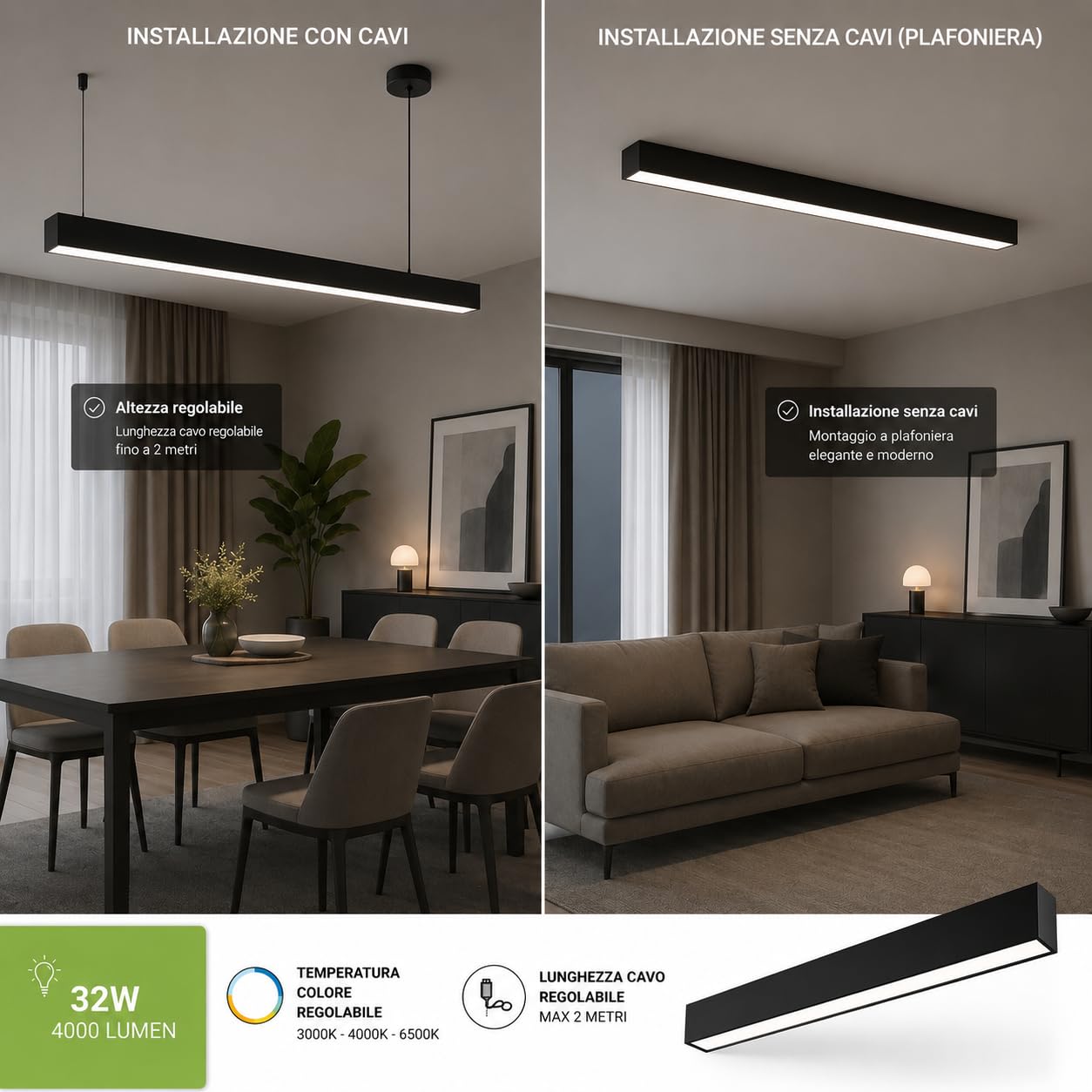 Lampadario a Sospensione LED Lineare 120 cm Nero Moderno Minimal | Per Ufficio e Cucina, Design Orizzontale, Plafoniera Lineare, Soggiorno, Stile Minimal