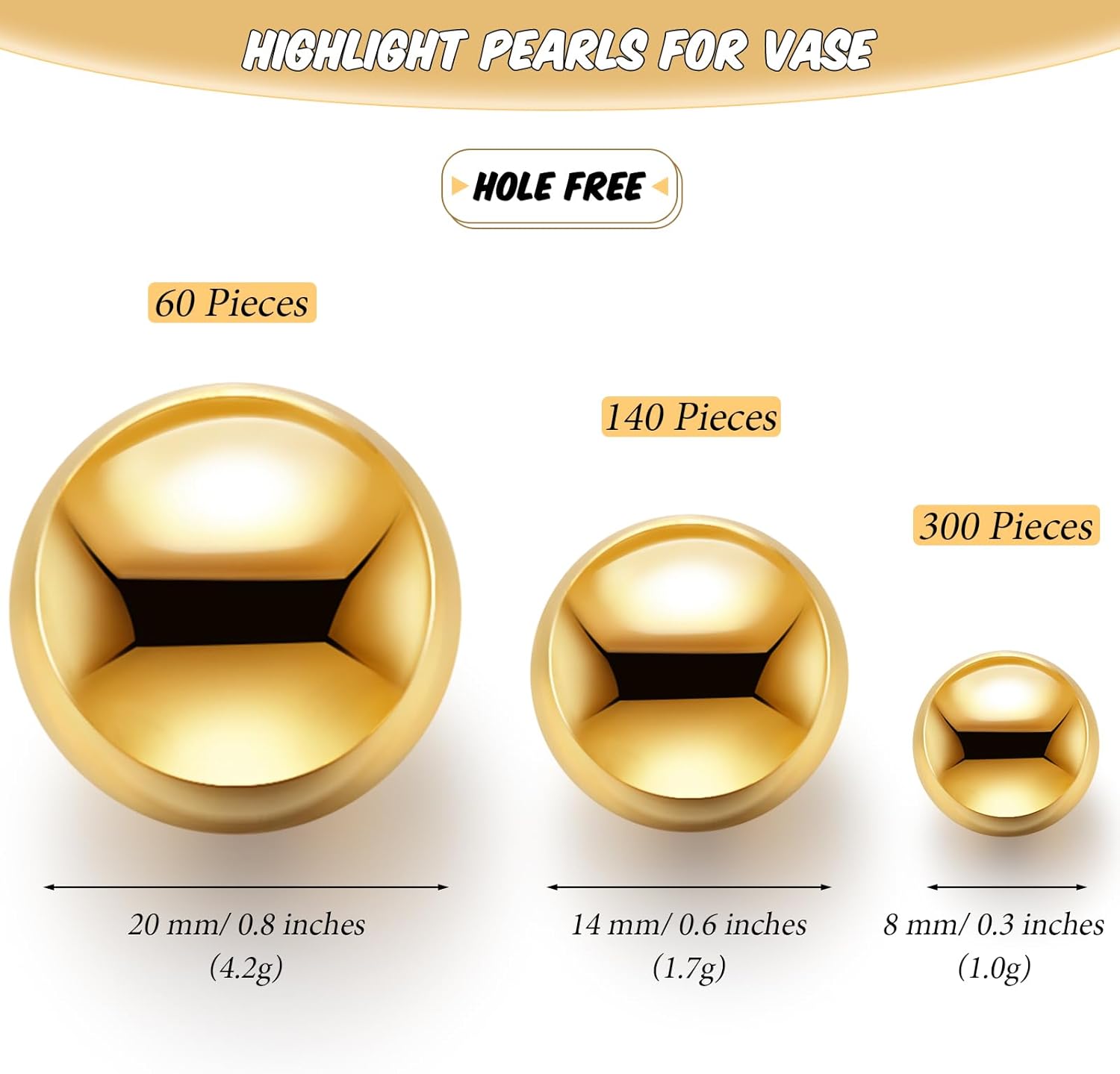Junkin 500 Pcs Vase Filler Faux Pearls Vase Makeup Beads Bulk No Hole Gloss Pearl Beads Mixed Sizes Round Pearls for Wedding Home Table Birthday Decoration, 8/14/20 mm (Gold)
