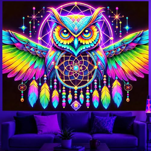 Image of BlissYard Owl Tapestry Blacklight Tapestry 79x59 Inch Trippy Wall Hanging | Trippy Decration with Uv Reactive Colors for Bedroom Dorm and Party Walls