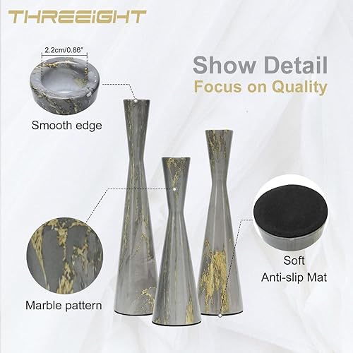 Miniatura 2 de Juego de 3 portavelas cónicos de metal para velas de pilar, juego de palitos de vela con patrón de mármol gris, centro de mesa decorativo moderno