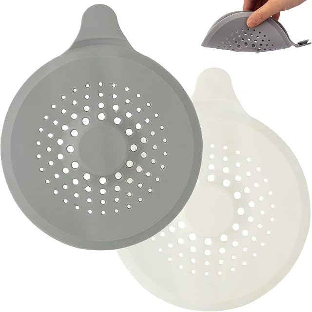 2 Pack Shower Drain Hair Catcher with Suction Cups, Silicone Foldable Sink Strainer Protector Drain Cover for Sinks Baths Bathtub Showers (Grey + White)