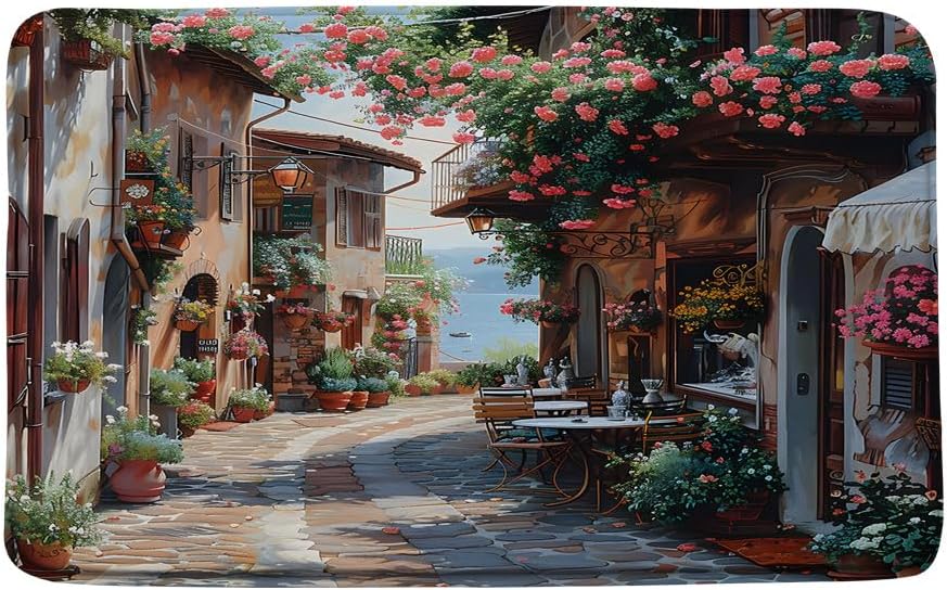 Italian Street Bath Mat Tuscan Mediterranean Natural Scenery Romantic Oil Painting Memory Foam Bathroom Kitchen Bedroom Livingroom Soft Floor Rug, 24"x70"