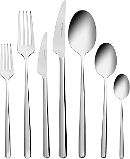 Karaca Boreas 84-Piece 18/10 Stainless Steel Cutlery Set for 12 People, Modern, Silver Luxe Knives, Forks & Spoons Set, Rustproof Cutlery Set, Dishwasher Safe Cutlery for Elegant Dining (Cutlery Set)