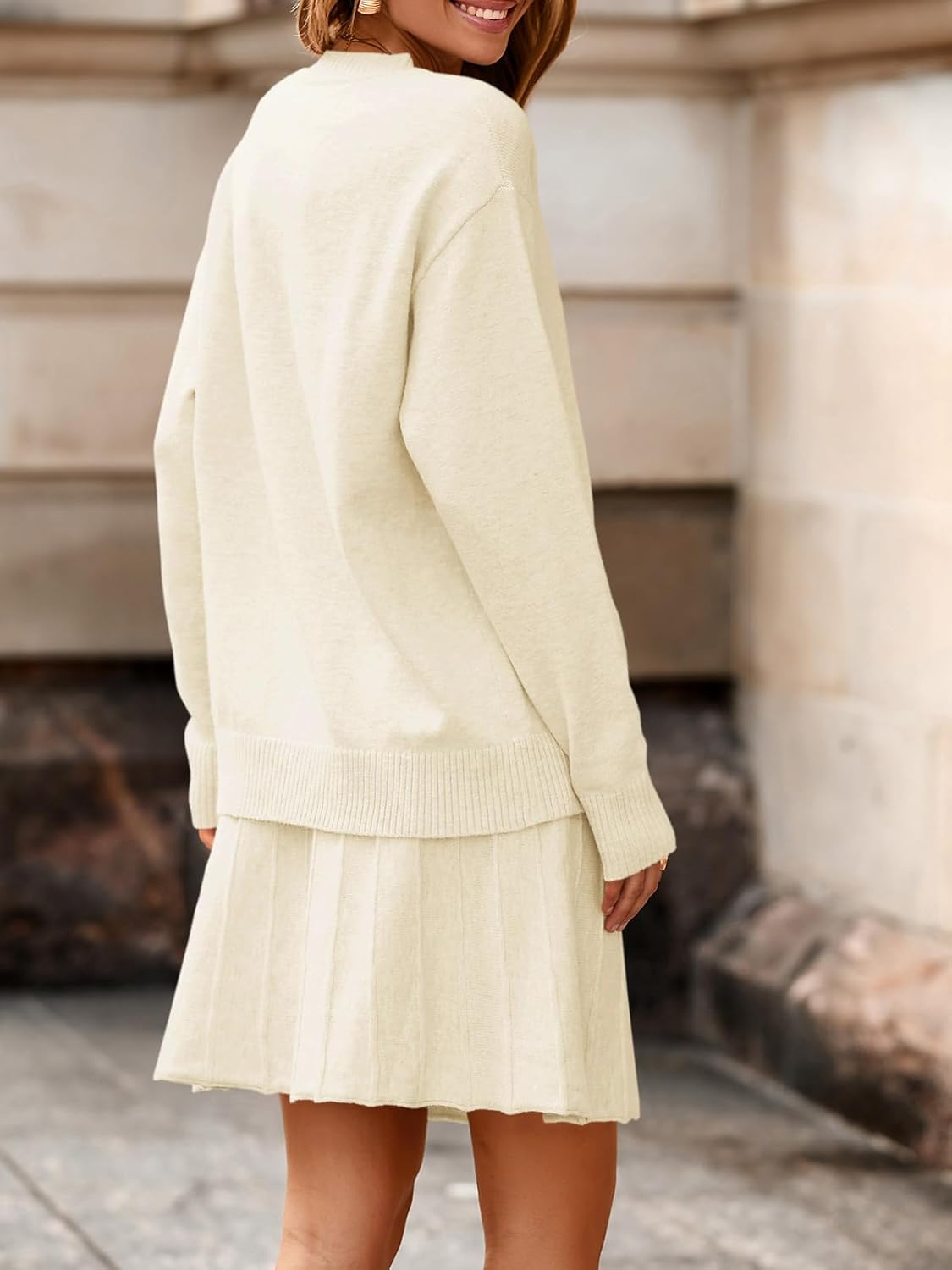 Tankaneo Womens Skirt 2 Piece Sweater Set Long Sleeve Crewneck Sweaters Pleated Mini Skirt Knit Lounge Sets - Image 4