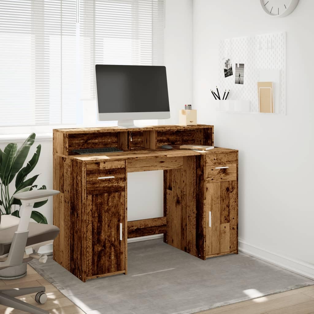 Bureau en Vieux Bois avec lumières LED RVB érgonomique pour Ordinateur PC Gamer Travail et étude Espace de Rangement Angle Pliable Hauteur réglable Assis Debout Chambre Salon étudiant Enfant