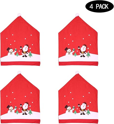 Vista 2 de 1 juego de 4 fundas para sillas de comedor con sombrero rojo, fundas para respaldo de silla de comedor, fundas traseras de silla de comedor