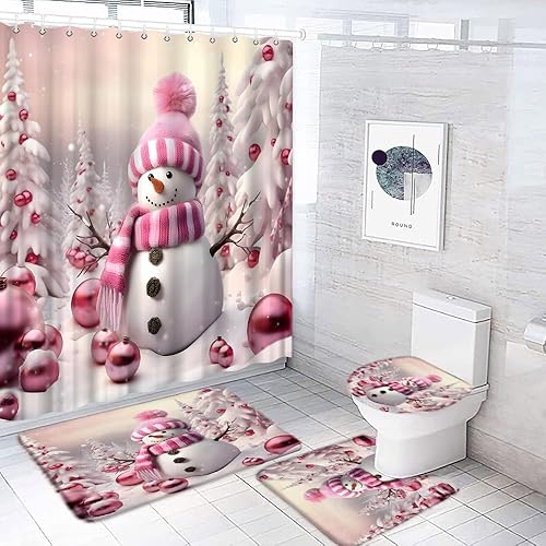 AMHNF Juego de 4 cortinas de ducha de muñeco de nieve de Navidad, muñeco de nieve rosa, bola de Navidad, pino, bosque, copo de nieve, cortina de
