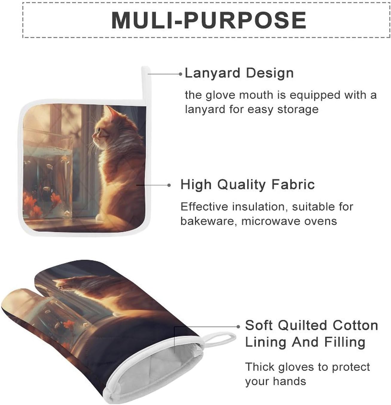 Cute Cat and Fish 4 Pcs Oven Mitts and Pot Holders Set High Heat Resistant Long Kitchen Oven Glove Potholders