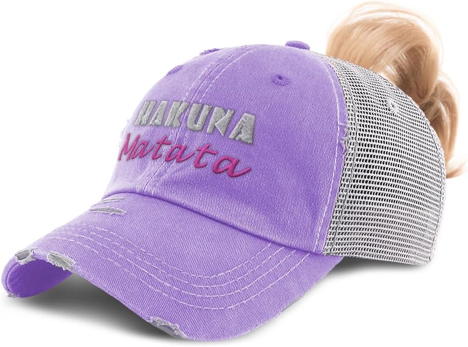 Womens Ponytail Cap Hakuna Matata Style B Cotton Distressed Trucker Hats