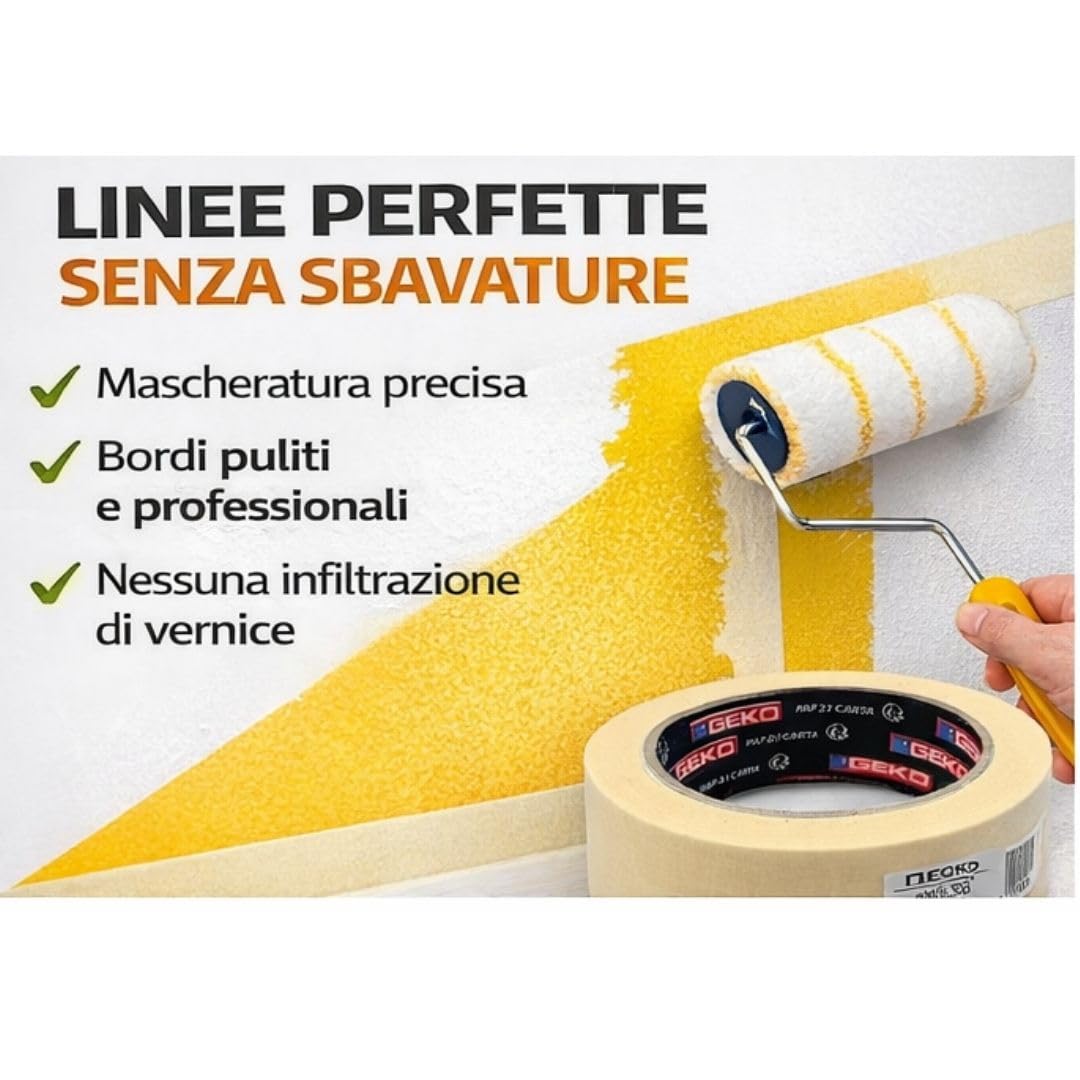 Nastro Carta per Mascheratura GEKO 38 mm x 50 m – Nastro Adesivo per Imbianchino, Verniciatura, Pareti e Fai da Te – Alta Tenuta, Rimozione Senza Residui – Ideale per Pittura e Precisione (12)