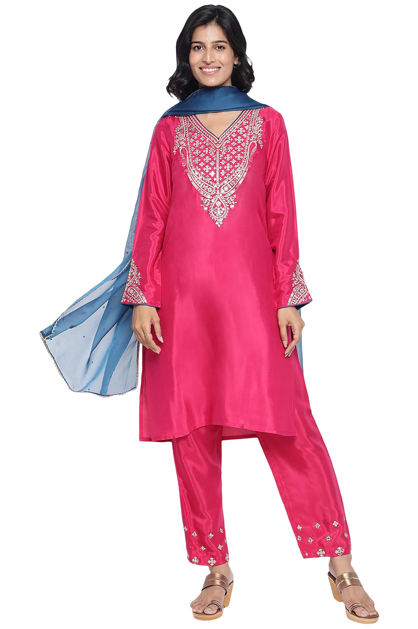 w for woman Fuschia Solid Printed Shantung Straight Kurta, Straight Pant and Dupatta Set-picture-40