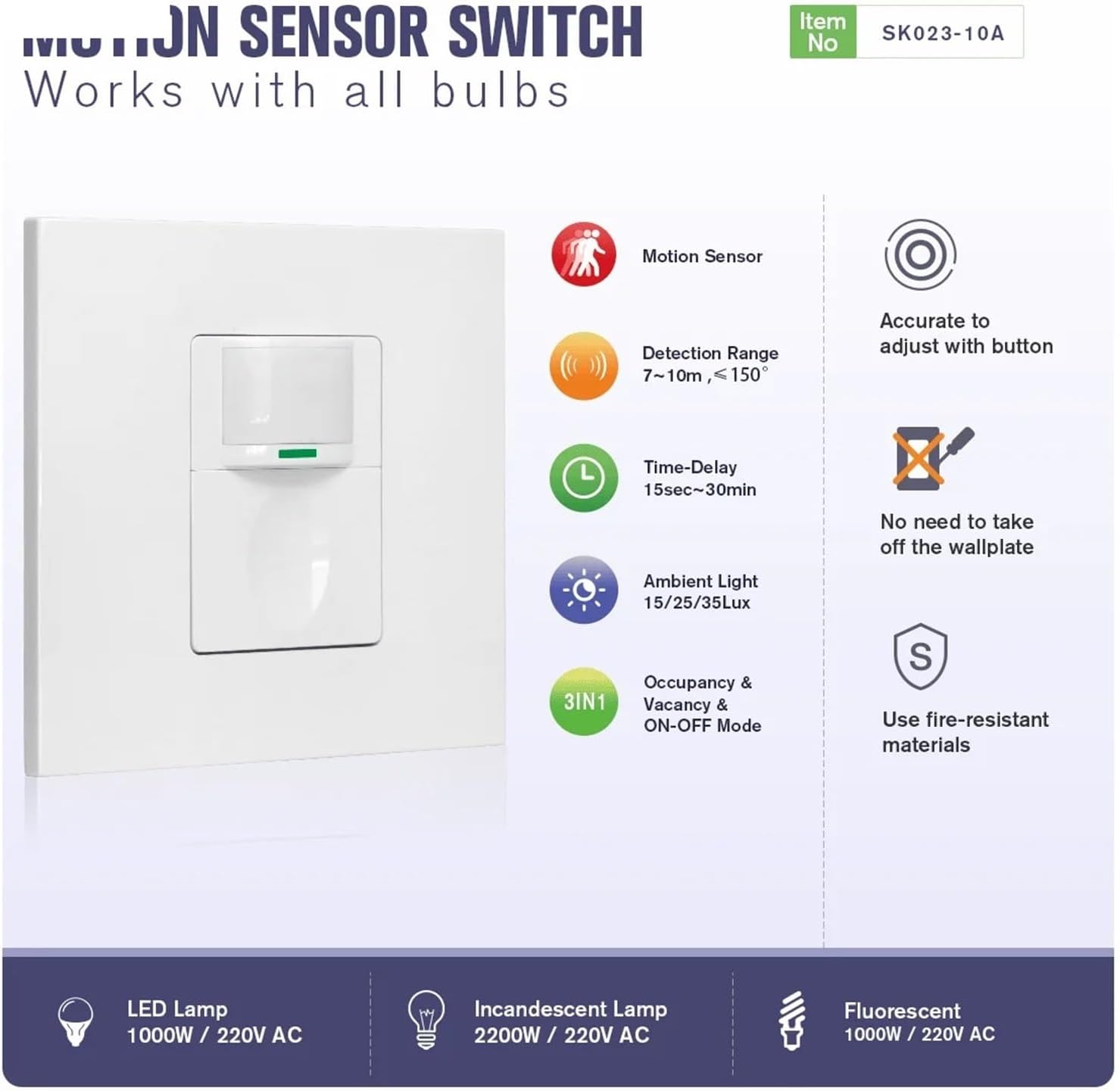 Sensor Vacancy Sensor On-Off Switch 3 in 1,Pir Motion Sensor Light Switch(No Neutral No Ground)