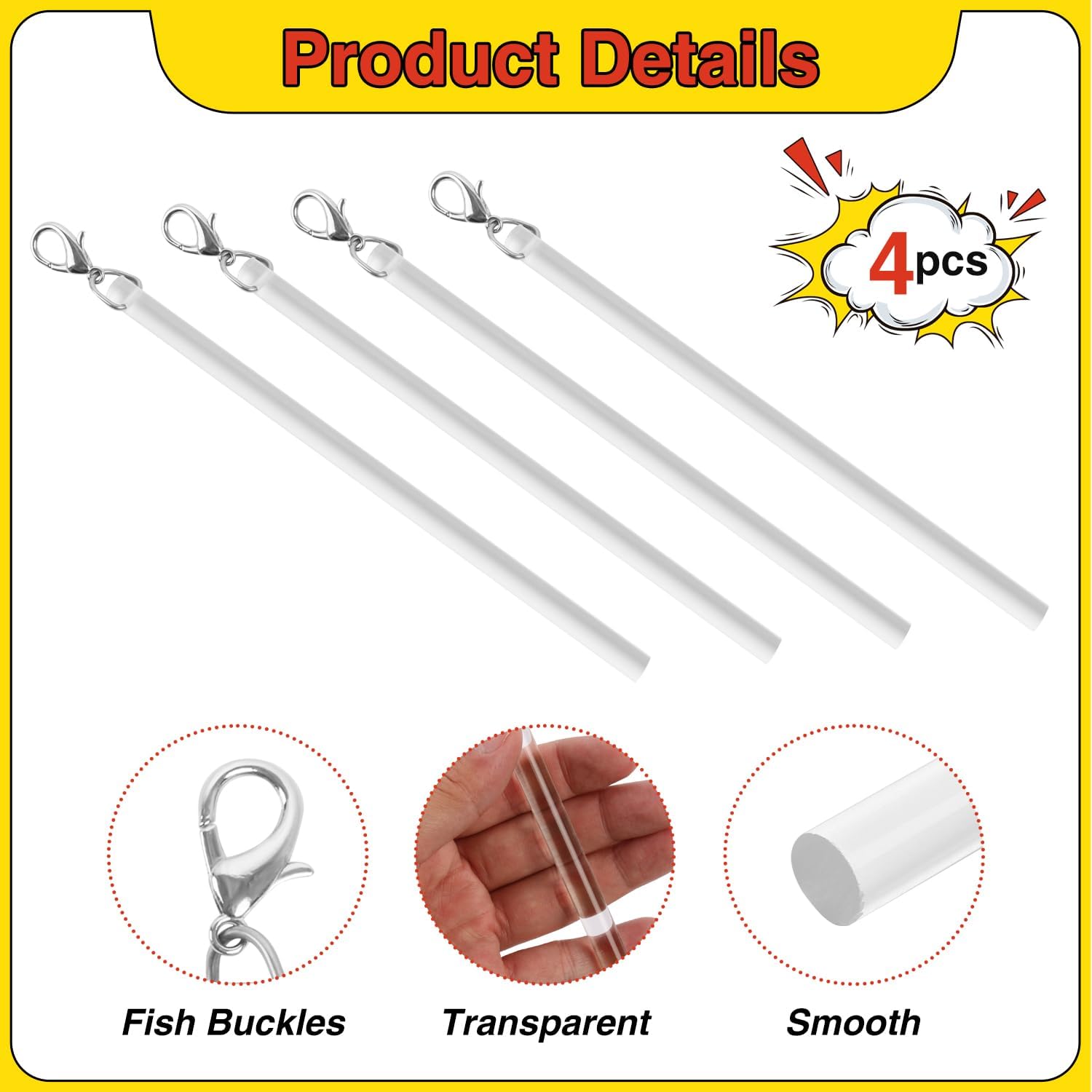 Curtain Pull Wand,30 Inches Acrylic Clear Curtain Rod with Hook Ideal for High Hanging Curtain Opening-Closing(Clear, 4pcs)