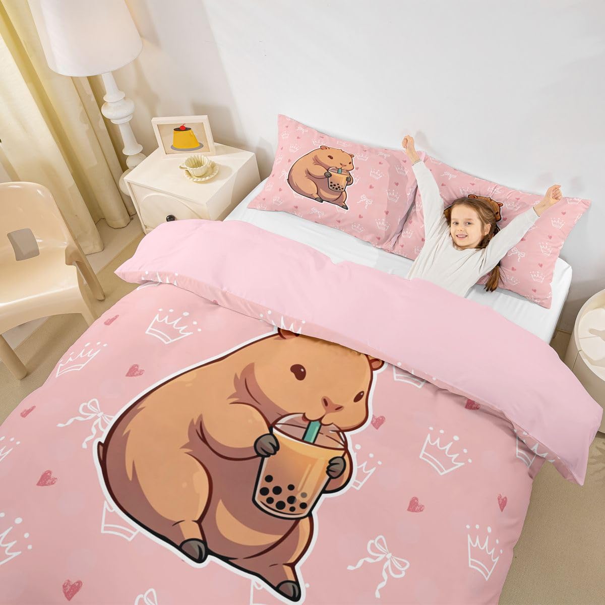 Loussiesd Sweet Heart Super King Capybara zestaw pościeli dla dzieci korona poszewka na kołdrę kawaii zwierzę poszewka na kołdrę 3 szt. różowy wystrój pokoju