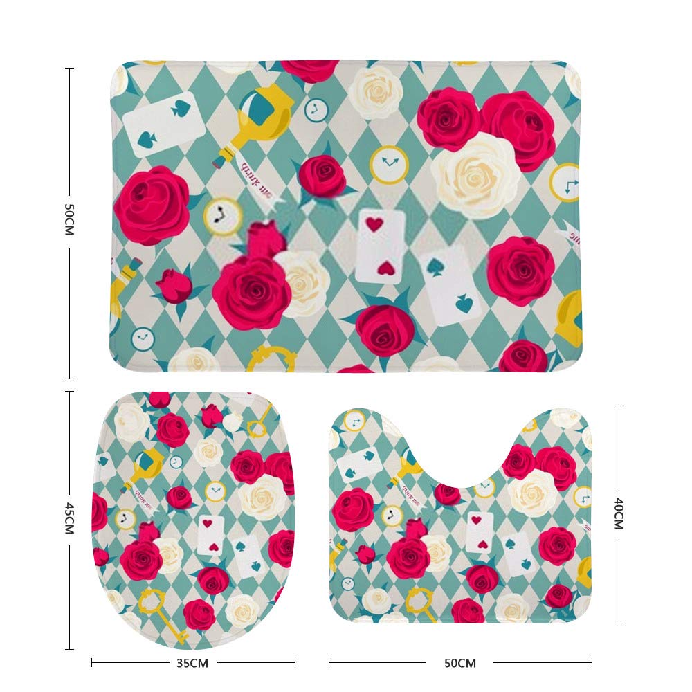 Kuizee Bath Rug Set 3 Piece ?Roses Card Key Clock Wonderland Blue Batroom Rugs Non-Slip Mat U-Shaped Contour Rug O-Shaped Toilet Lid Water Absorbent Cover Coral Velvet