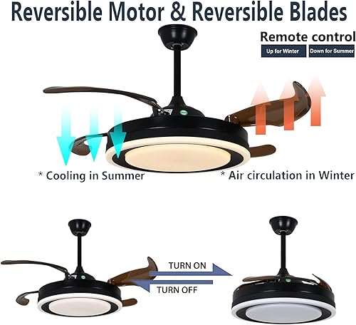 Miniatura 5 de OUKANING Ventilador de techo retráctil de 42 pulgadas, lámpara reversible con luces con motor silencioso remoto, 6 velocidades, 3 cambios de color,