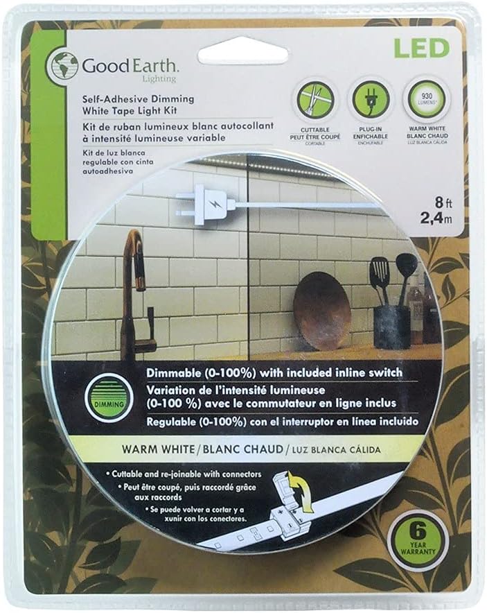 Good Earth Lighting 8ft LED 930 Lumen 3000K Flexible Tape Light - Plug-in, Dimmer Switch - 30,000 Hour Rated Lamp Life - White Finish