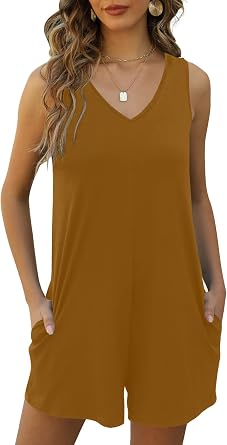 Nfsion Womens Summer V Neck Tank Top Romper Sleeveless Loose Casual Shorts Jumpsuit Overalls with Pockets Outfits Clothes