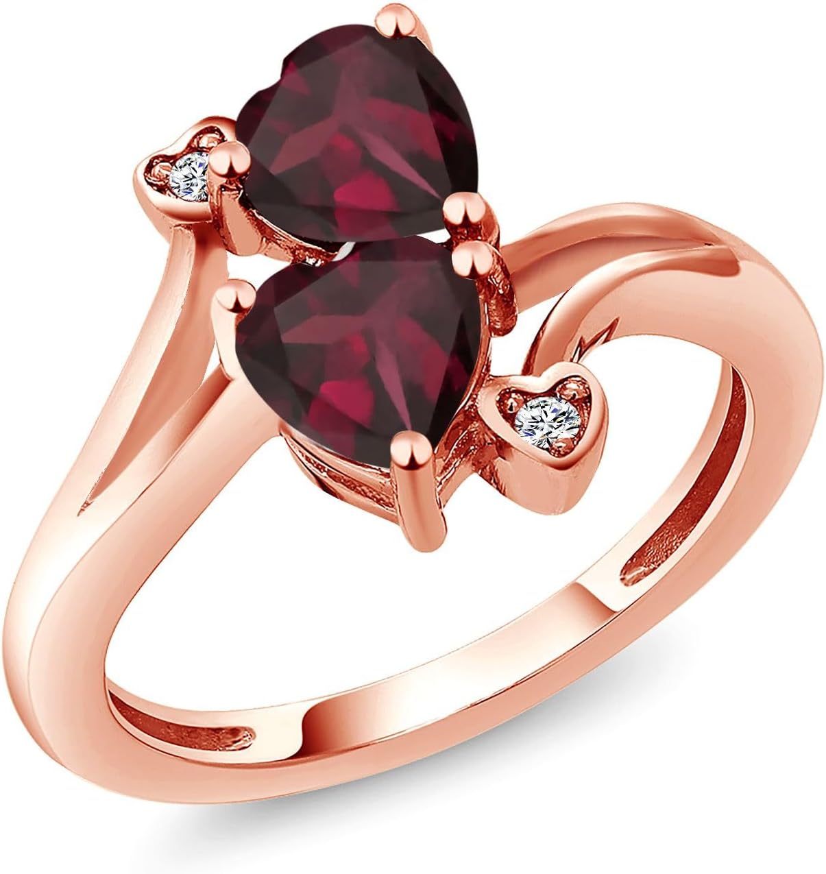 Gem Stone King Double Heart Promise Ring for Women in 18K Rose Gold Plated Silver | 6MM Gemstone Birthstone with 1.5MM Lab Grown Diamond Accents | 2-Stone Fine Jewelry for Engagement Wedding