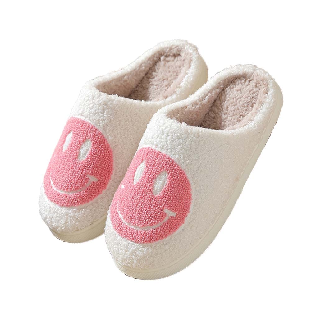 FACAXEDRE Smile Face Slippers, Women's Retro Slippers, Adult Size, Open Toe, Faux Fur Lining, Plush Synthetic Lining, Slip-On, Comfortable for Women, UAE Residents