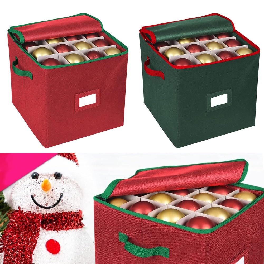 Aufbewahrungsbox für Weihnachtskugeln mit 64 Gitterabschnitten und Trennwänden, Reißverschluss, um Ornamente sicher zu halten, faltbar und leicht zu tragen, mit seitlichen Griffen (rot)