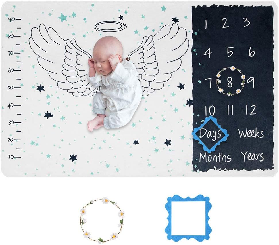DREAMSOULE Baby Milestone Blanket with Garland, 102x152cm Super Soft Premium Fleece Photo Prop Blanket Backdrop, Infant Baby Swaddling Shower Gifts, Watch me Grow Blanket, Angel Wings