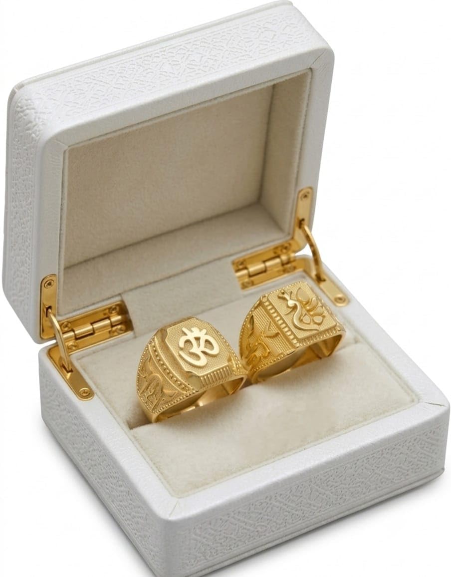 Gold-Plated Religious Ring Set for Men | Om & Trishul Inspired Adjustable Finger Rings | Premium Alloy Traditional Fashion Jewelry | Set of 2-image-9
