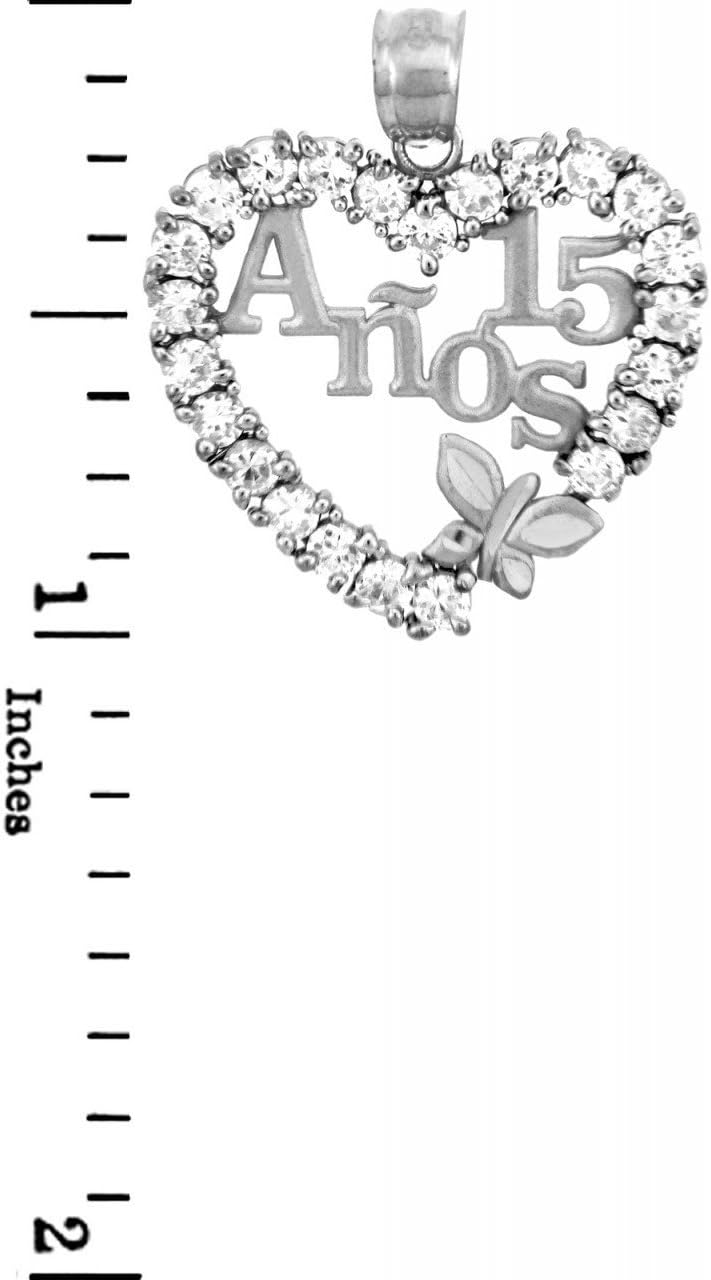Sterling Silver Sweet 15 Anos Quinceanera Necklace with Cubic Zirconia Heart with Butterfly - Image 3