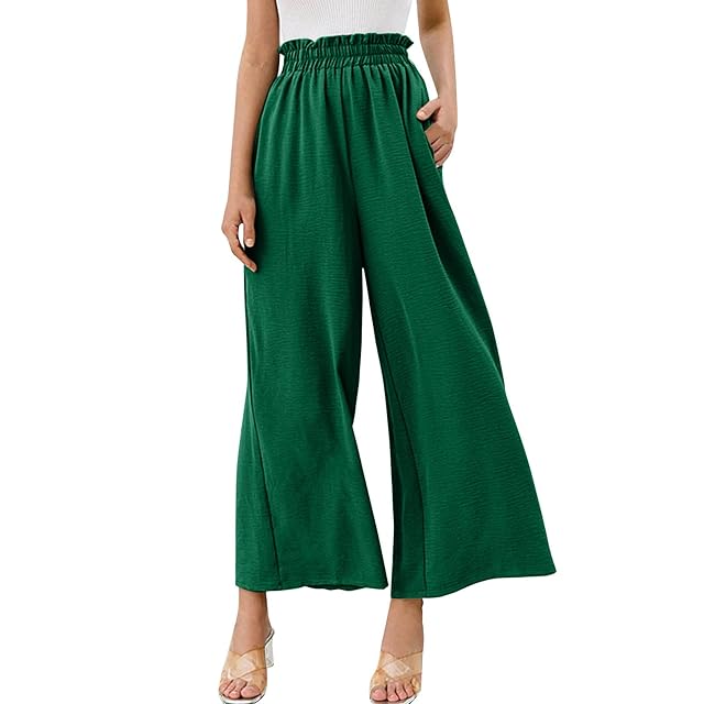 Womens Wide Leg Pants Elastic High Waisted Dressy Casual Pull On Capri Pants Petite Length Trousers with Pockets