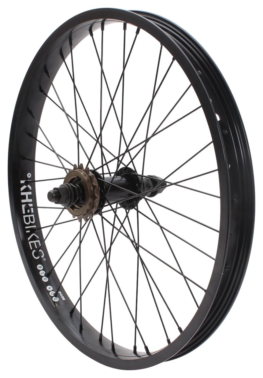 KHE Prism BMX tylne koło 20", czarne, oś 14 mm, zębatka 16T, 36H – 7005, aluminiowa felga 38 mm, rower biegowy BMX z tyłu