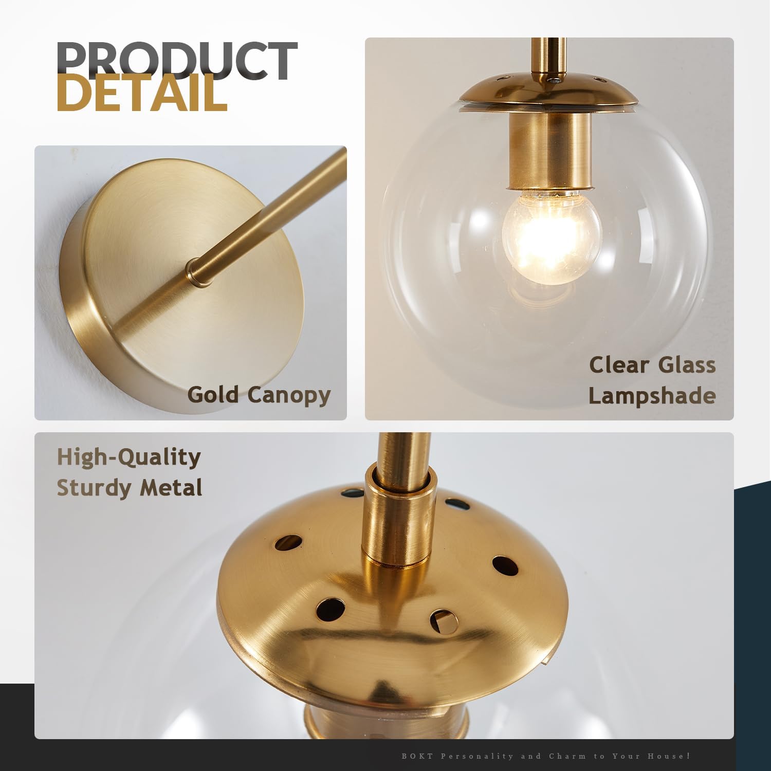 BOKT Mid Century Modern Globe Wall Sconce Lighting Brushed Brass Gold Bathroom Wall Lights Clear Bubble Glass Ball Wall Light Fixture Lamp Bedroom Bedside Wall Light (Gold+Clear)