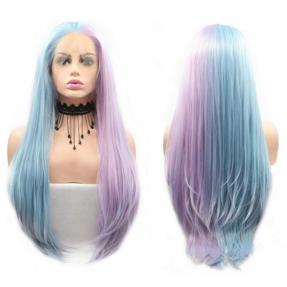 13x3" Pre Plucked Long Straight Colorful Wigs for Women Natural Looking Heat Resistant Fiber Synthetic Lace Front Wigs for Replacement/Party/Cosplay/Costume/Daily Use (Half Blue Half Purple)
