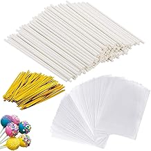 FUATOR 100Pcs Lollipop Cake Pop Sticks 5.9 Inches, 100Pcs Cake Pop Bags(5.9"X3.1"), 100pcs Gold Metallic Twist Ties, for DIY Lollipops, Cake Pops, Candies, Chocolates Making Tools