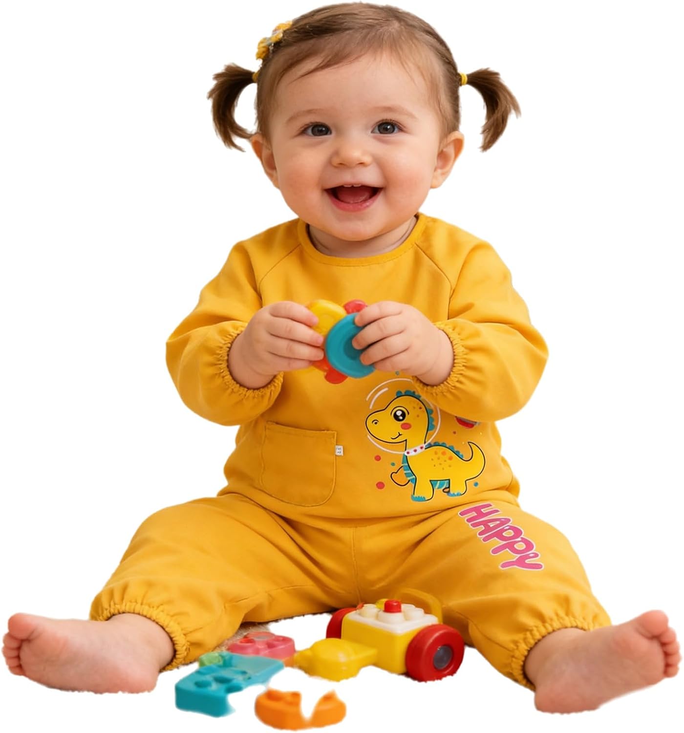Newborn 2-piece Painting Clothes Full Body Anti-stain Coverall Artist Round Neck Smock with Pants Yellow Dinosaur 2-3 Years