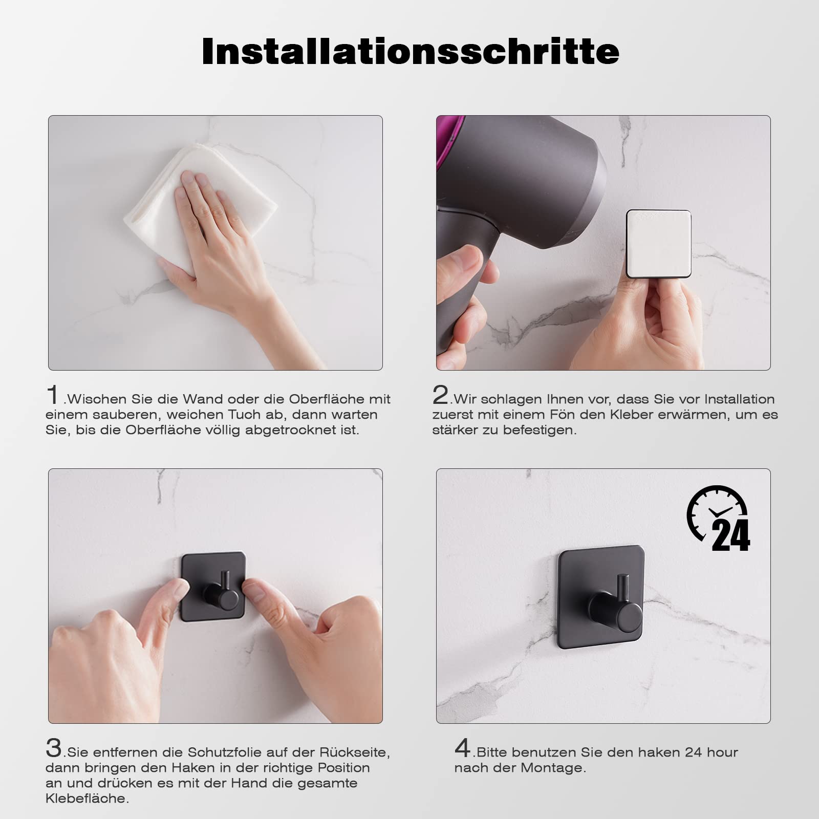 Lot de 5 crochets pour serviettes sans perçage en acier inoxydable auto-adhésifs Noir