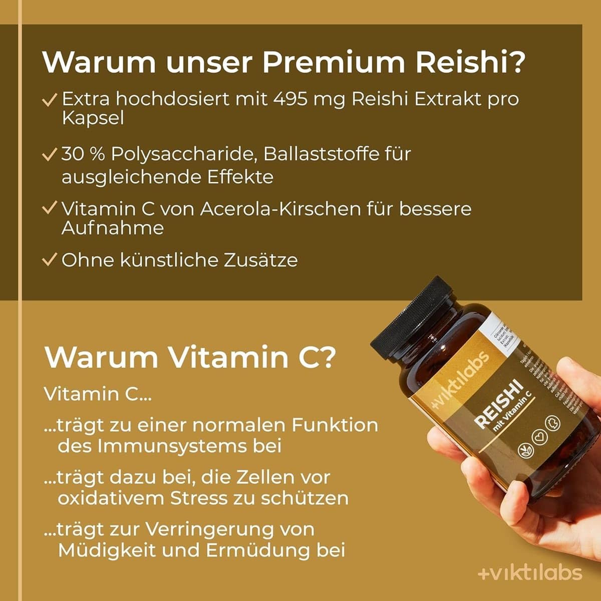 Viktilabs© - Premium Reishi Kapseln mit Vitamin C – Hochdosiert mit 495 mg Reishi Extrakt je Kapsel | 70-Tage-Vorrat | Laborgeprüft | Entwickelt in Deutschland | Vitalpilz Extrakt ohne Zusätze