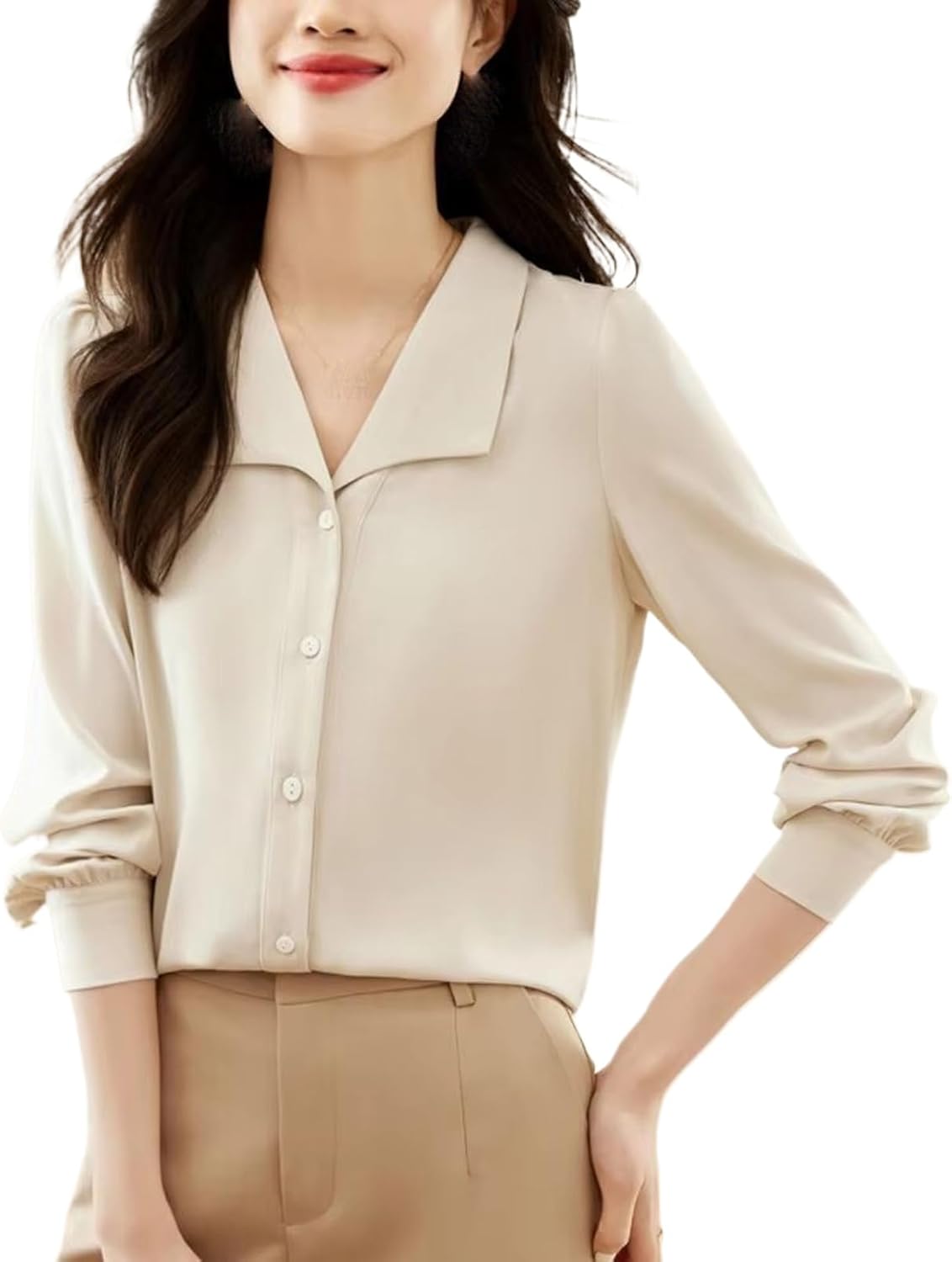 Women's Solid Satin Shirt Blouse Office Lady Elegant Work Wear Top