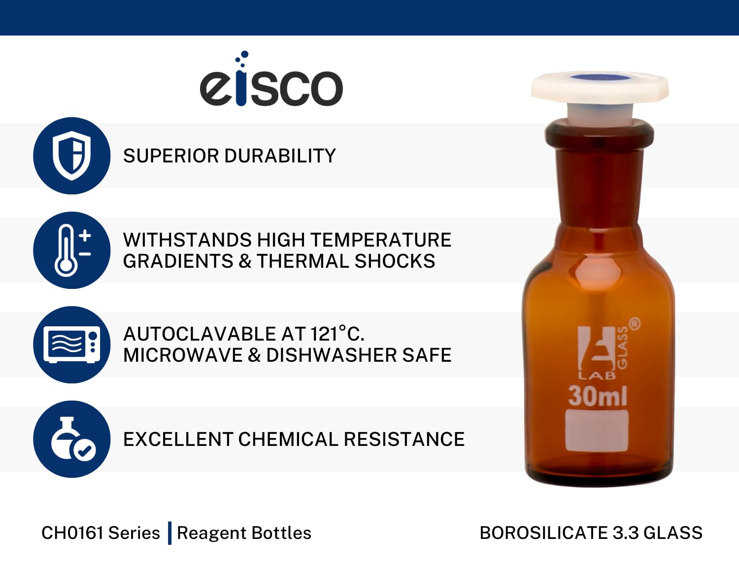 Eisco Labs - Bottiglia reagente ambrato da 500 ml, bocca stretta con tappo in polipropilene a prova di acidi, misura della presa 24/29
