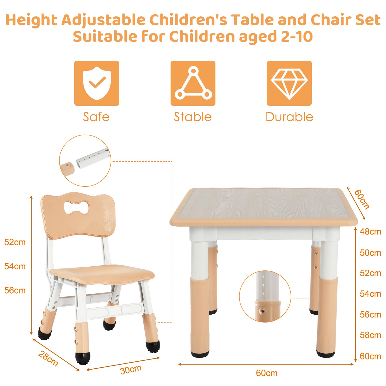 Kindertisch mit 2 Stühlen, Kindersitzgruppe Höhenverstellbar Packung, Tisch Stuhl Set für Kinderzimmer, Plastik Kindermöbel, Maltisch Sitzgruppe für Mädchen ab 3 Jahre（Gelb, Quadratischen Tisch）