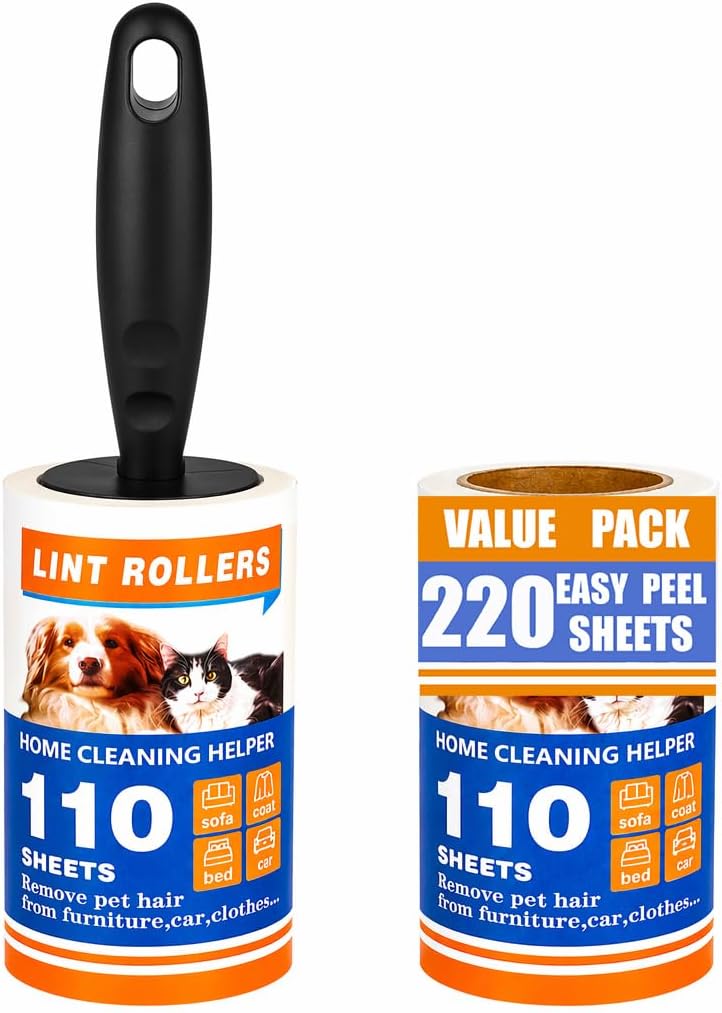 Lint Roller 220 Sheets with 1 Handle, Pet Hair Remover for Laundry, Extra Sticky Lint Rollers for Pet Hair on Clothes, Furniture & Car - Dog & Cat Hair Removal Tool