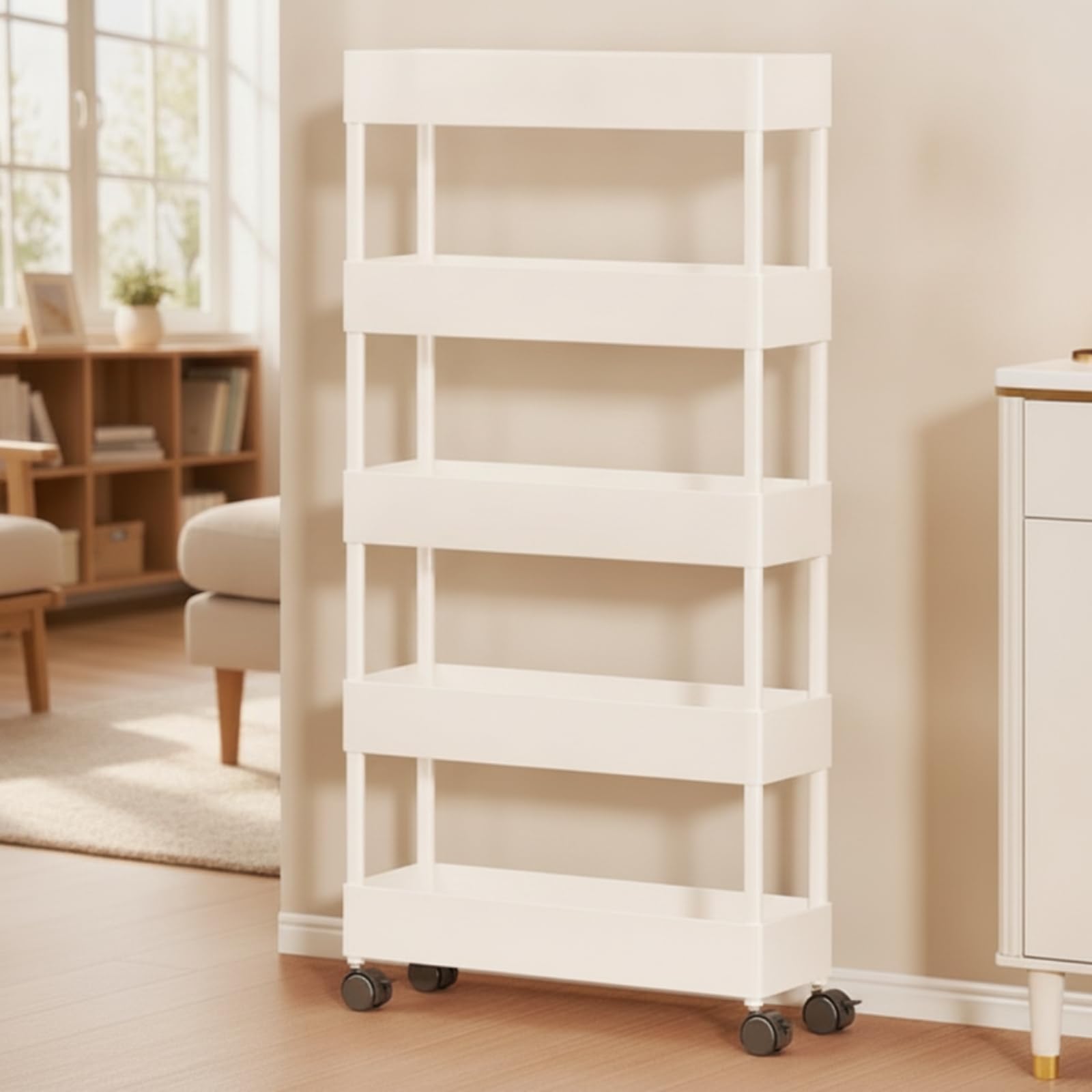 Scaffale Portaoggetti Portatile Carrello Organizzatore Ripiani Scaffalatura Mobile Contenitore Verticale in Plastica con Binari Laterali per Borse E, Bianco, size to 6