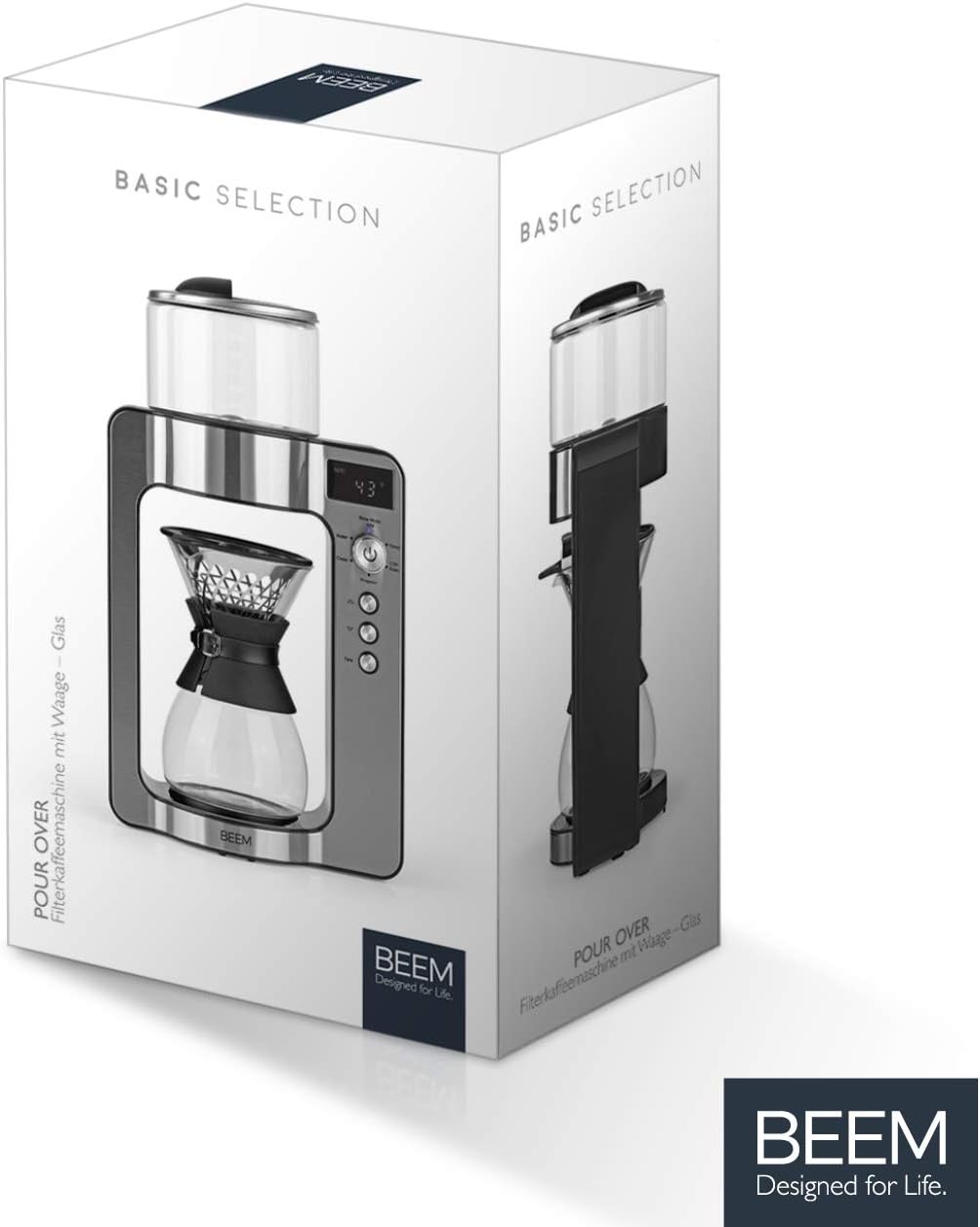 Beem 03597 - Caffettiera Pour Over con filtro in vetro e bilancia Basic Selection, in acciaio INOX, con caraffa in vetro da 0,75 l, sistema di erogazione diretta, testina rotante