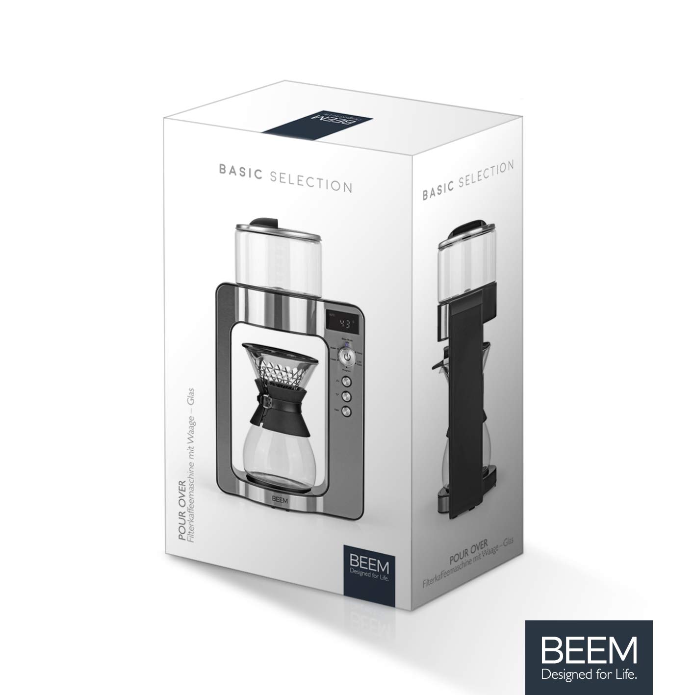 Beem Basic Selection Pour Over - Cafetera goteo con báscula de cristal, de acero inoxidable, jarra de café de 0,75 L, con principio de preparación directa, con cabezal giratorio
