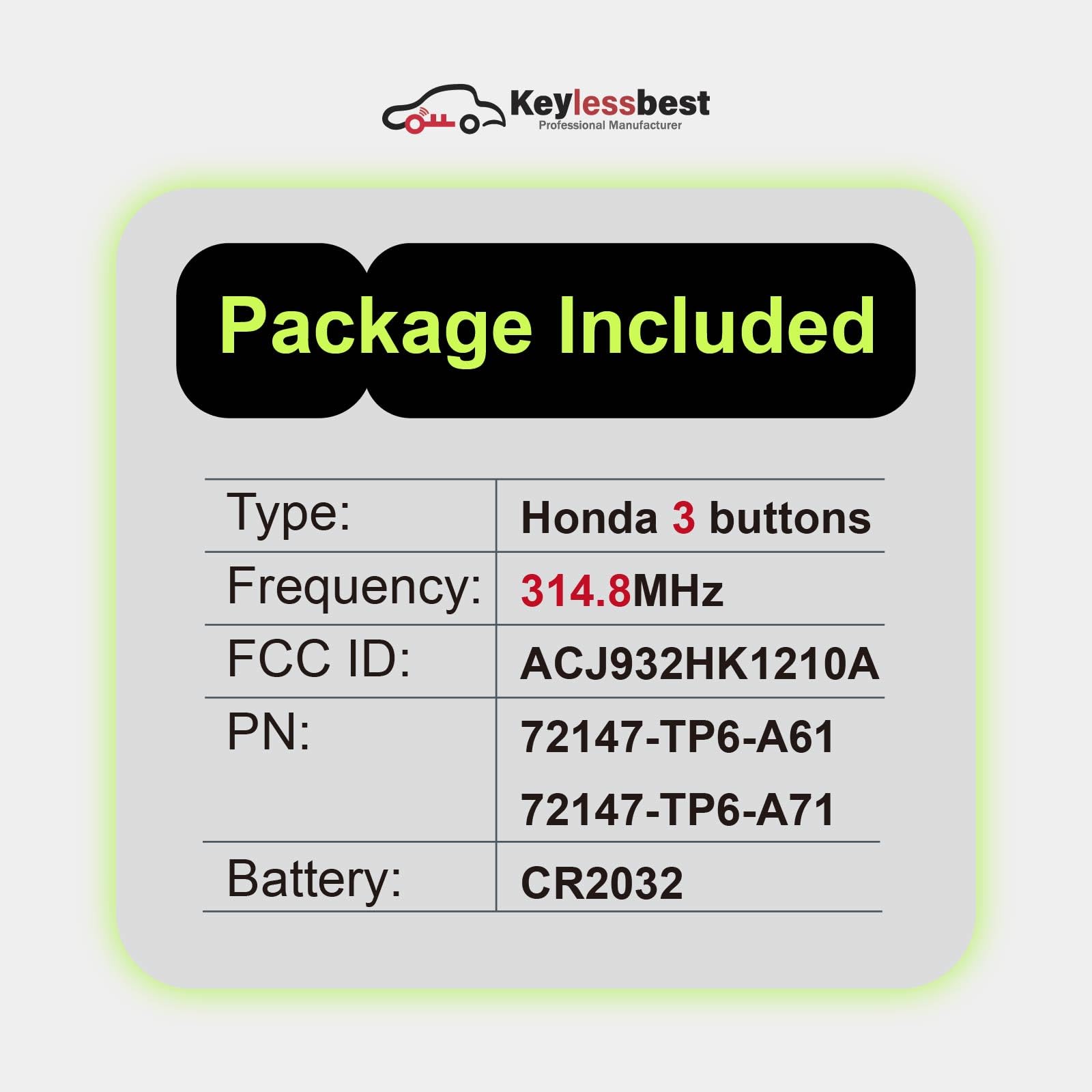 Ricambio per telecomando Honda Crosstour 2013 2014 2015 ACJ932HK1210A 3 pulsanti 314.8MHz