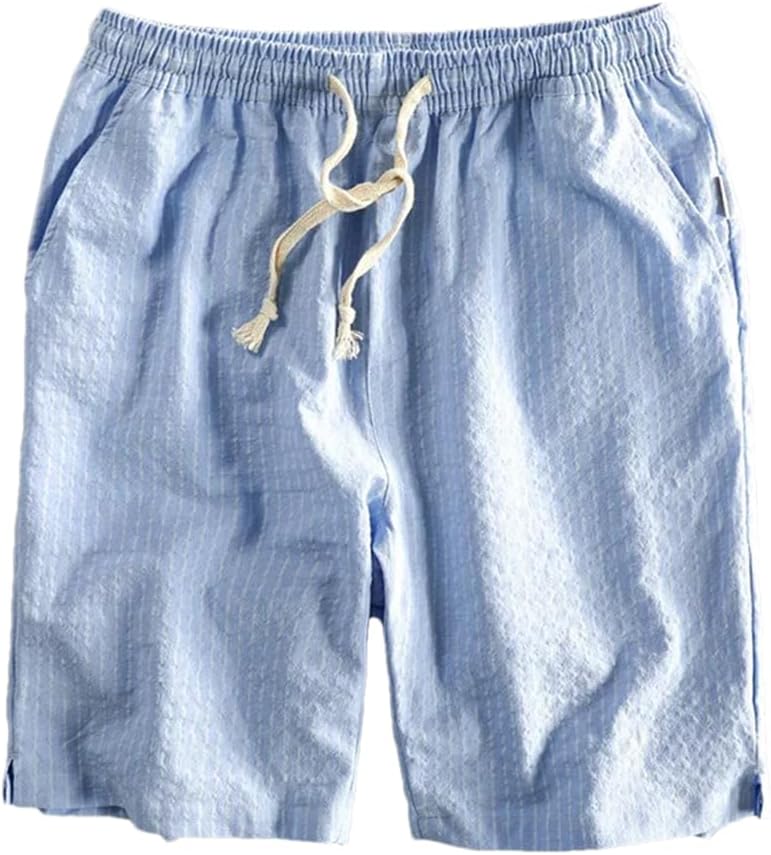 Fnfmrfmr Men Beach Shorts Striped Casual Elastic Waist Comfortable Drawstring Knee Length Cotton Pants