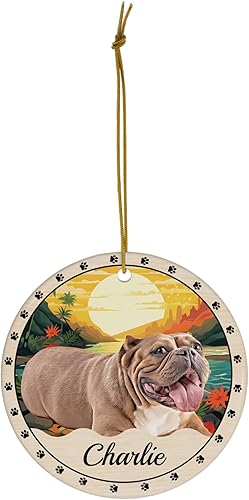 Miniatura 2 de Sunset Theme Design Red American Bully Personalized Christmas Ornaments 2025 Circle White Ceramic Puppy Owner Gifts