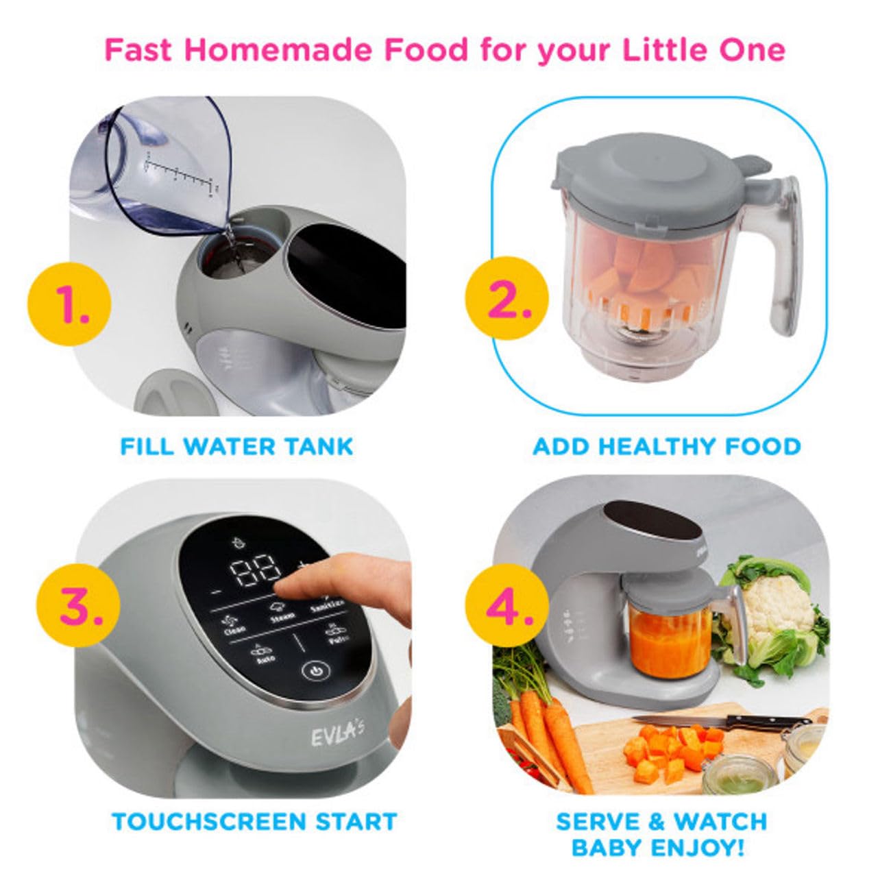 EVLA'S Baby Food Maker, Steamer, Blender, Baby Food Processor for Healthy Homemade Baby Food in Minutes, Touch Screen with 6 Reusable Food Pouches, Baby Registry Essential, Grey