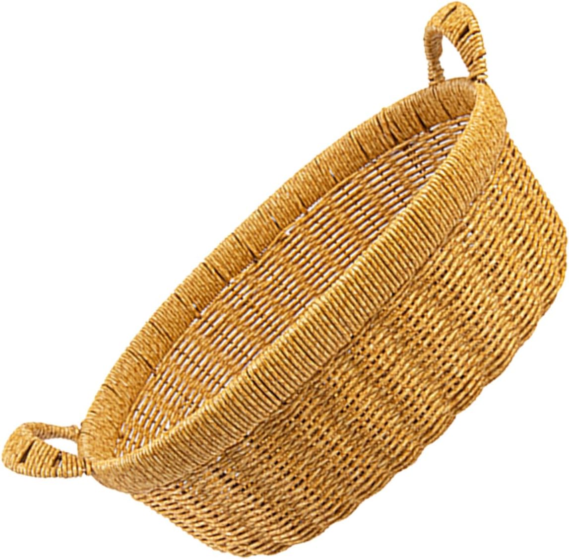 Handwoven Large Oval Bread and Fruit Basket with Double Handles, Deep Light Coffee Simulated Rattan Snack Serving Tray for Home Kitchen and Outdoor Picnic Storage